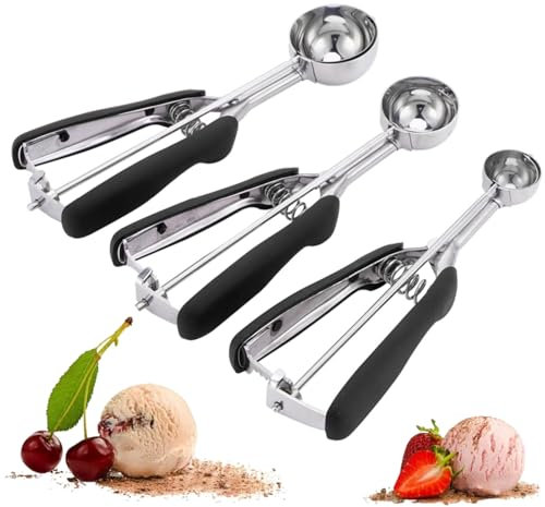 3PCS Cookie Scoops, Ice Cream Scoop Set of 3 Cookie Scoops for Baking Stainless Steel Ice Cream Scooper with Trigger for Baking (Black)