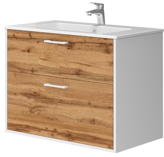 Vicco Waschbeckenunterschrank Weiß/Goldkraft Eiche Lanco, bestehend aus Waschbeckenunterschrank, Waschbecken - Mehr Stauraum ohne Bodenfläche zu nutzen