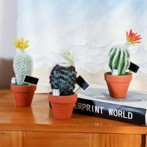 Airbirhom Set of 3 Artificial Cactus Plants in Pots – Lifelike Faux Cactus with Colorful Flowers, Maintenance-Free Indoor Décor for Home, Office, Desk & Garden