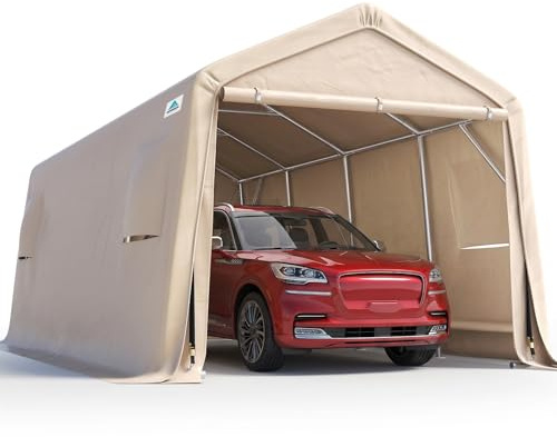 ADVANCE OUTDOOR Heavy Duty 10X20 ft Carport Outdoor Patio Portable Canopy Storage Shelter Shed with 2 Rolled up Zipper Doors & Vents for Snowmobile Garden Tools, Beige