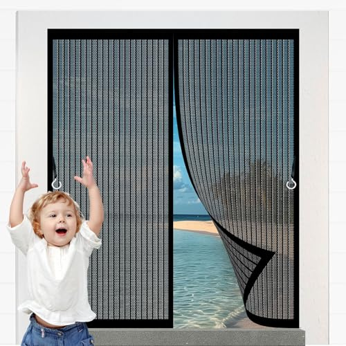 Moustiquaire Porte 56 x 35 cm Différentes Tailles, Anti Mouches et Insectes Rideaux Toile Insect Ecran avec Crochet et Ruban de Montage, pour Fenetre, Noir