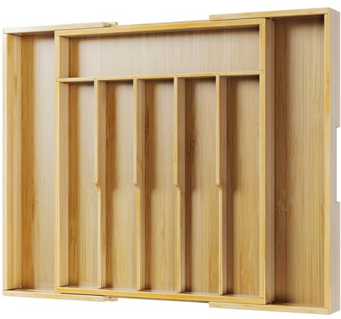 Kitsure Silverware Organizer, Expandable Bamboo Drawer Organizer, X-Large | Adjustable Cutlery Tray, Kitchen Storage & Organisation, Expandable Design, Bamboo Kitchen Drawer Organizer