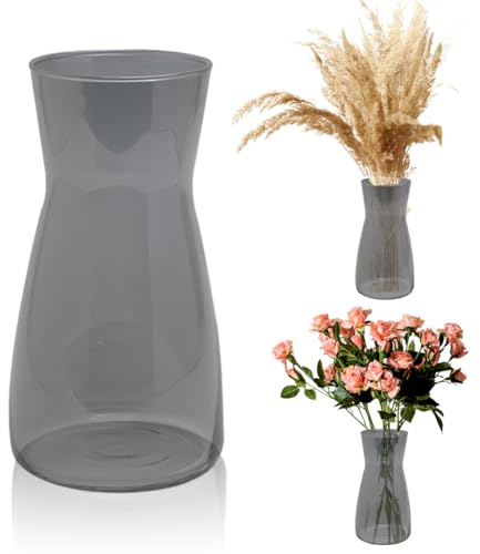 Gohytal Glass Vase 20cm, Clear Flower Vase for Living Room, Home, Office or Wedding, Clear Flower Jug Pampas Decor Simplistic Gifting Flowera Tulip Rose, Rustic Décor for Farmhouse (Grey)