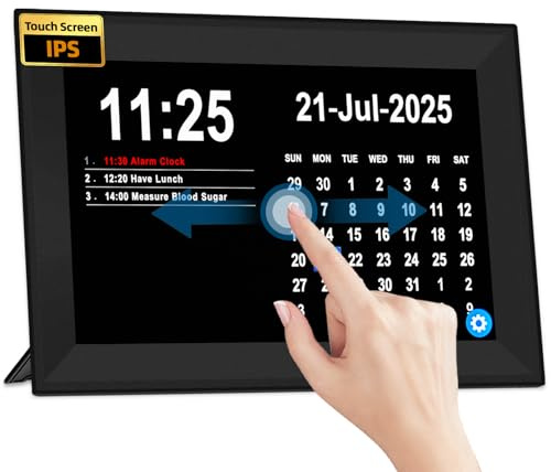 Jazeyeah10.1 Touch Screen Extra Large Digital Clock with Date and Day for Elderly,Medicine Reminders,Dementia Alzheimers Clocks for Seniors, 64 Alarm 40 Reminders, Auto DST, (Black)