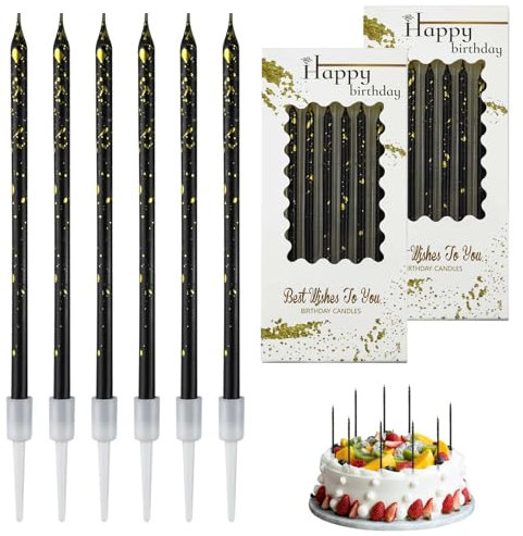 12 Stück Geburtstagskerzen Kuchen Schwarzes Gold, Dünn und Lang, Geruchsfrei, Ungiftig, Mit Ständer, für Dekorative Geburtstag Hochzeit Party, Geburtstagskerzen für Torte,Babyparty(Schwarzes Gold)
