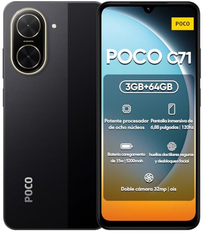 Teléfono inteligente Xiaomi POCO C71 4G 3GB+64GB Negro, procesador UNISOC T7250 Octa-Core, pantalla inmersiva de 6.88 120Hz, batería masiva de 5200mAh, cámara dual AI de 32MP (Versión Reino Unido + 2