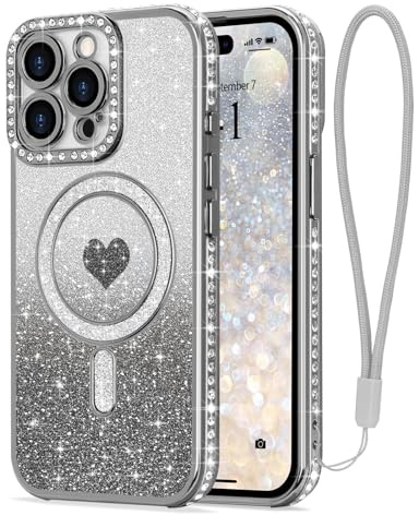LAPOPNUT Magnetic Glitter Case for iPhone 14 Pro with Wrist Strap,Silver | Compatible with MagSafe, Sparkly Phone Cover for Girls Women, Sparkle Rhinestone Rasied Camera Protection,Bling Glittery Cute