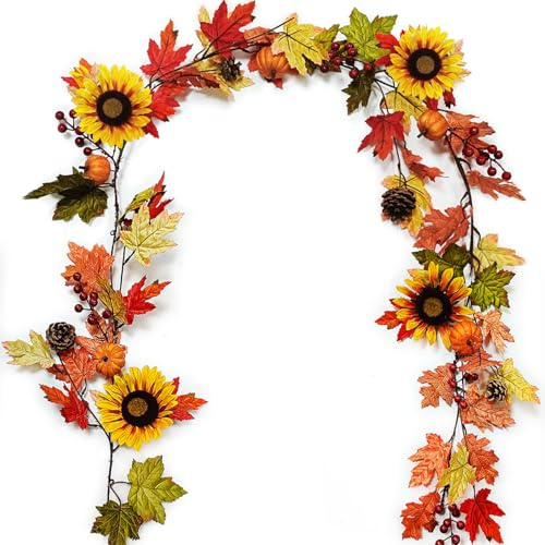 OrgMemory Herbst Dekoration, 180cm mit Sonnenblumen, Tannenzapfen, Kürbis, Beeren, Herbstgirlande, Herbstdekorationen für Zuhause, Hochzeit, Party, Hintergrund, Kamin, Thanksgiving