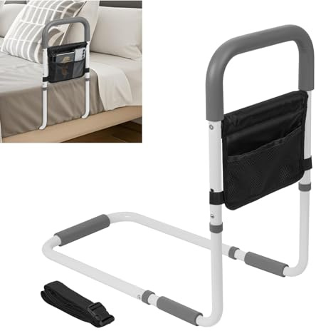 OUUTMEE Cama para personas mayores, 3 niveles, altura ajustable, barandilla de seguridad con bolsa de almacenamiento, asa de cama, ayuda a las personas mayores a levantarse y acostarse