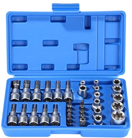 Bixury Ensemble de 34 Douilles Torx Robuste Jeu de Coffret Douille Torx Coffret Douilles Torx 3/8″ profil E4-E20 Jeu Douille Torx T10-T60 3/8'' Bit Torx T10-T55 5/16'' Outils Mecanique Automobile