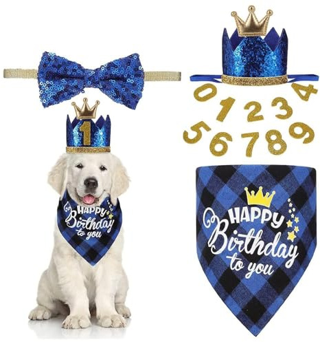 XFSRG Gorra para Perro de Cumpleaños en Color Azul con Corona y Pajarita Decoraciones para Fiestas de Cachorros Suministros para Cumpleaños de Perros Ideal para Celebraciones