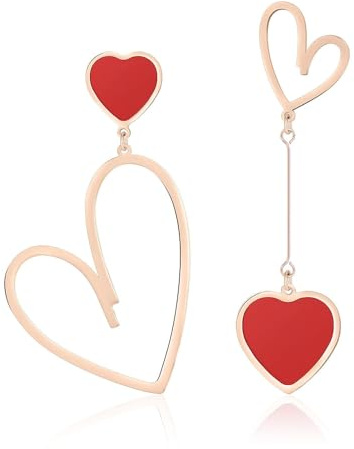 XFSRG Pendientes Mujer Niña Asimétricos Corazón Dorados Largos Moda Fiesta Elegantes Joyería (Rojo)
