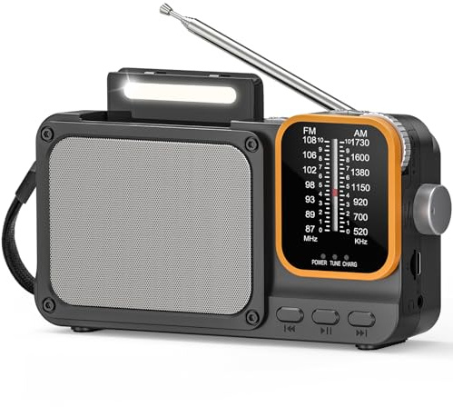 Tendak AM FM Radio with Best Reception, Portable Bluetooth Transistor Radios with LED Light/TF Card Slot/Headphone Jack, 3AA Battery Operated or AC Power Emergency Radio for Gift, Family, Elder
