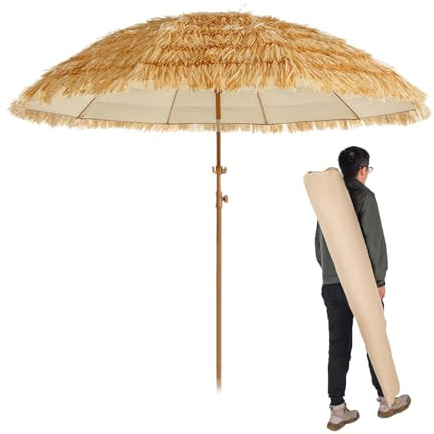 Ombrellone da Spiaggia, ombrellone da Giardino in Paglia con palo in Ferro inclinabile, Parasole Portatile con Borsa per Il Trasporto, 10 Stecche in Fibra di Vetro, ombrellone Tropicale roto