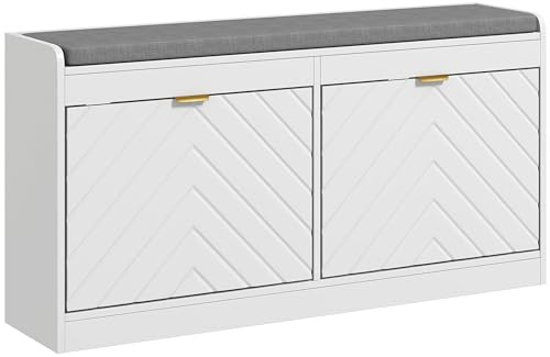 HOMCOM Shoe Storage Bench, Narrow Shoe Cabinet with 2 Flip Drawers, Seating Cushion and 4 Vents for Entryway, Hallway, for 8 Pairs of Shoes, White