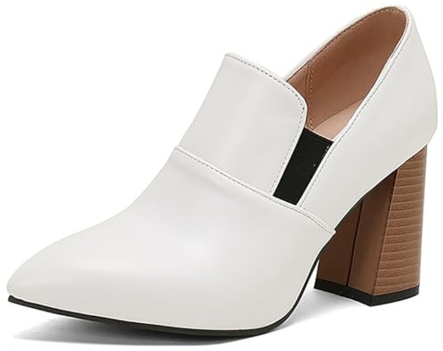 Bottes Femme Bout Pointu Classiques en Cuir PU Talons Bloc Haut Design Peu Profond Enfiler pour Bureau, Soirée, Travail et Décontracté,Blanc,43 EU