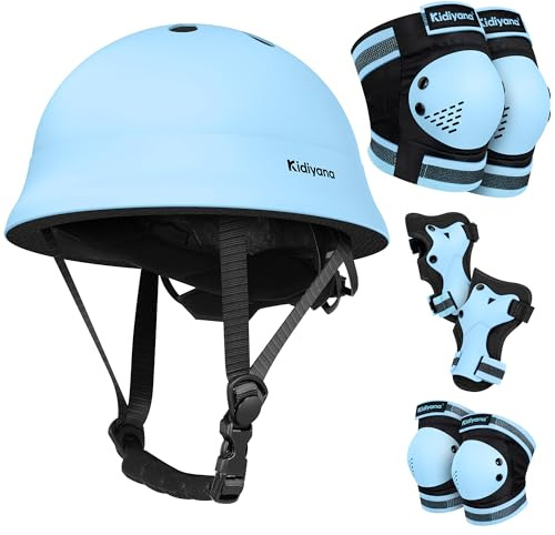 Kidiyana Barnhjälm 48–54 cm 6-i-1 skyddset – ultralätt PC-cykelhjälm med knä, armbågs- och handledsskydd för skoter, inliner, skateboard och cykel, S (2–6 år), blå