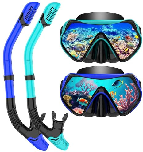 Schnorchelset Erwachsene, Schnorcheln Set mit Anti-Fog Taucherbrille und Dry Schnorchel, Professionelle Schnorchelmaske Tauchmaske aus Gehärtetem Glas für Schnorcheln (Blue+Green)