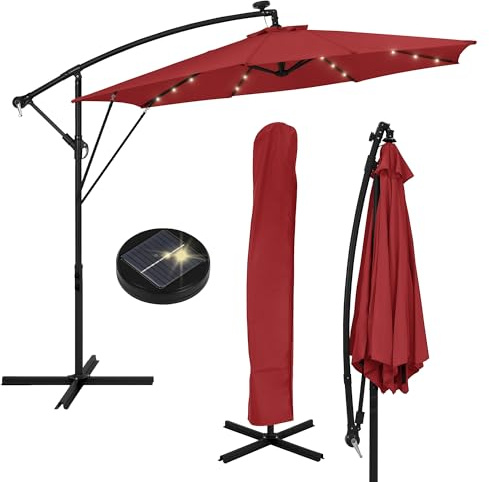 ML-Design Ø300cm LED solcell parasoll marknadsparasoll Röd aluminium med vev UV50+ solskydd vattenavvisande vindresistent 360° vridbar trädgårdsparaply balkongparaply terrassparaply premium stativ