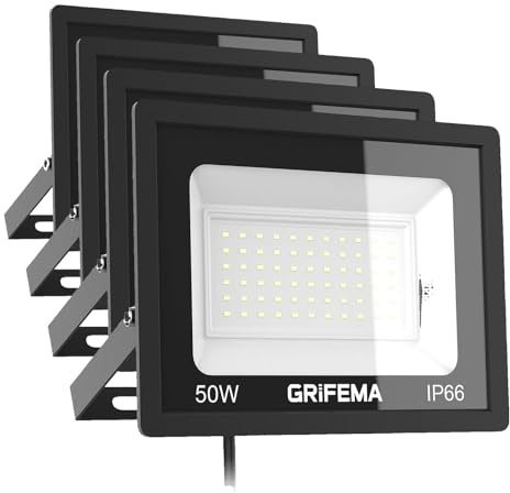 GRIFEMA Focos LED Exterior 50W, 5500LM Foco Proyector LED, 60 LED 6500K Blanco Frío Floodlight para Casa, Garaje, Patio, Camino, Jardín, Sin Enchufe (Paquete de 4)