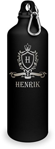 printplanet Trinkflasche mit Namen Henrik - graviert mit Wappen Monogramm, Aluminiumflasche mit Gravur, Sportflasche - matt schwarz