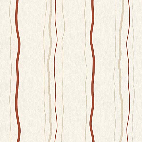 Gestreifte Tapete rot crème beige | Streifen Vliestapete geschwungene Linien für Wohnzimmer und Flur | Vlies Streifentapete mit Vinyl