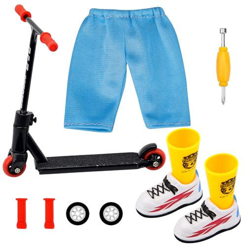 Finger Scooter Set, Alloy Mini Fingerscooter Finger Schuhe Finger Hose mit Fingerscooter Zubehör Werkzeug, Finger Roller Training Requisiten Interaktives Fingerspielzeug für Kinder (Schwarz)