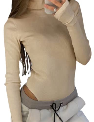 Youning Damen Strick Bodys mit Rollkragen Damen Langarm Elegant Bodysuit Tops Bodies Sexy Body Oberteil Overall Langarmbody Stretch Damen-Body Stringbody mit hohem Kragen Lange Ärmel