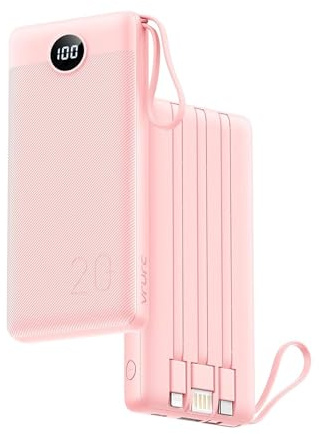 VRURC Portable Charger with Built in Fast Charging Cables,20000mAh Power Bank PD 18W QC 3.0 Quick Charge USB C Battery Pack with 5 Outputs & 2 Inputs Compatible with Smart phones