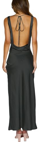 Robe Maxi en Satin à col bénitier sans Manches, Dos Nu, pour invitées de Mariage, Robe en Soie Dos Nu à Nouer dans Le Dos, Robes Formelles pour Femmes., Noir, Taille XL