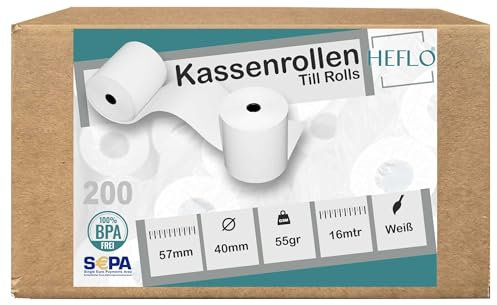 200 Stück 57mm x 40mm EC-Cash Bonrollen Thermorollen SEPA Lastschrift Kassenrollen 55gr. / 40mm ⌀ für Ingenico ICT 220, IWL 250, Verifone VX, CCV