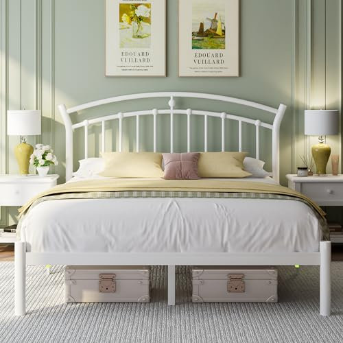 Feonase Queen Size Metal Bed Frame with Retro Headboard, Hardened Steel Tube, 12 Under-Bed Storage, No Box Spring Needed, Easy Assembly, White