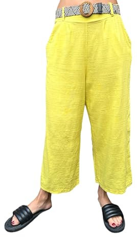 FASHION YOU WANT Damen 3/4 Culotte Hose leicht Sommerhose aus Baumwolle mit Taschen und mit Flecht-Gürtel (DE/NL/SE/PL, Alphanumerisch, Einheitsgröße, Regular, Regular, gelb)