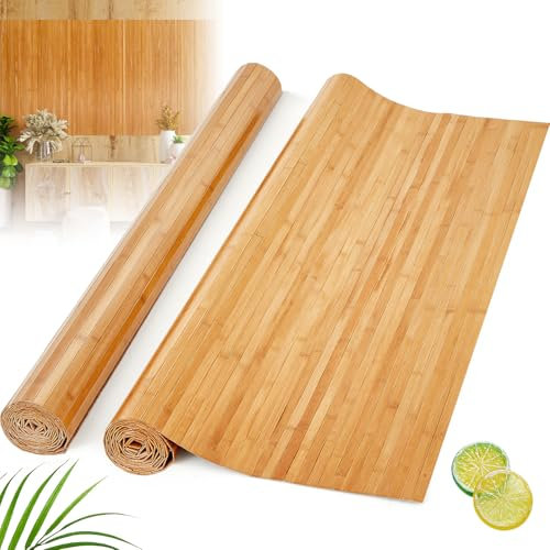 Juexica 2 Pcs Natural Bamboo Wall Panel for Interior Wall 48''x96'' Bamboo Covering Renewable Pole Wainscoting Room Divider Wrap Decor for Bedroom Living Room Kitchen Island Office (Carbonized)