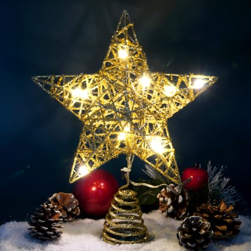 Sprinlot Etoile Sapin de Noel Or, 20 x 25 cm Pointes Or de Sapin Noël Lumineuse, Cimier de Sapin de Noël, Décoration Etoile de Noel Lumineux Interieur Exterieur