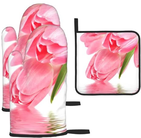 Set di 3 guanti da forno e presine rosa con motivo floreale natalizio, resistenti al calore, regalo da cucina per cucinare