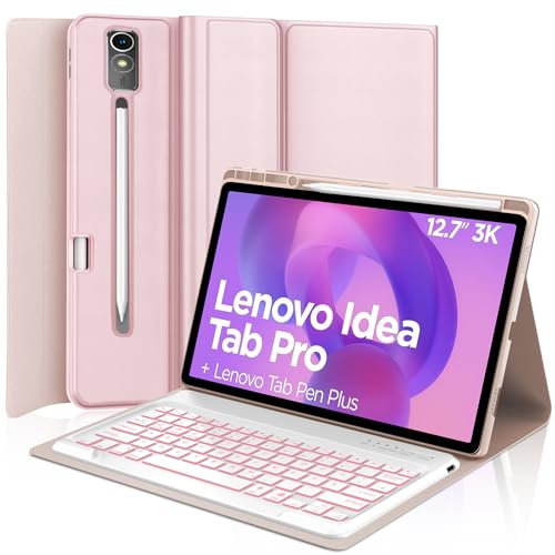 IVEOPPE Hülle mit Tastatur für Lenovo Idea Tab Pro 12,7 2025, 7 Farbige Beleuchtung, Bluetooth Abnehmbare Magnetisch QWERTZ Tastatur für Lenovo Idea Tab Pro 12.7 Zoll 2025 (TB-373FU/TB-375FC), Rosa