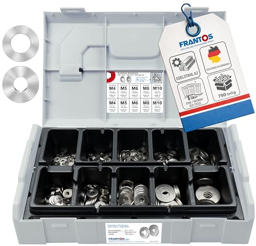 FRANTOS L-BOXX Mini DIN 125 A und DIN 9021 Unterlegscheiben Sortiment, 790 tlg. (Edelstahl A2) - Sicherungsscheiben Beilagscheiben Scheiben Set