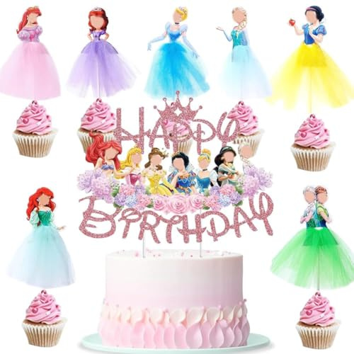 Princess Cake Topper For Girls 19pcs,Princess Cake Topper Happy Birthday Cake Cupcake Decoration,Cute Cartoon Character Cake Decorations Set For Kids Girls Baby Shower