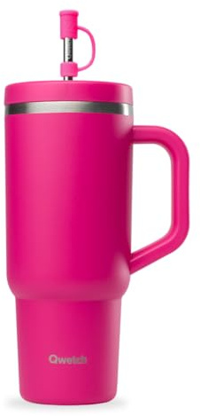 QWETCH - Travel Cup 900ml avec Paille & Anse - 48h Glacé / 12h Froid - Gourde Isotherme Inox Recyclé - Mug avec Bouchon à Vis Anti-Éclaboussures - Tasse Thermo - Magenta