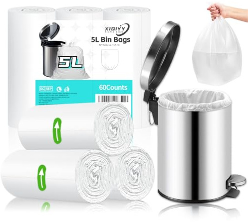 Bolsas de basura pequeñas de 5 litros, 60 bolsas de basura blancas gruesas, fuertes para baño, oficina, dormitorio, para cubos de basura de 3 a 6 litros