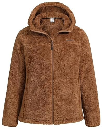 Pioneer Camp Polaire Femme Chaude avec Capuche Zippée Vestes de Randonnée Moelleux Confortable Teddy Veste Noire Sherpa Manteau pour Maison Randonnée Escalade（Camel;M
