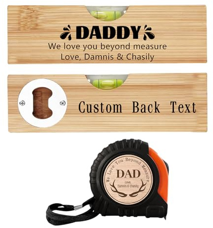 Personalised Fathers Day Dad Fist Bump Level Spirit Bottle Opener and Tape Measure Set,You're On Another Level,Custom Engraved Wooden Dad Bottle Opener Gifts for Papa Grandpa on Fathers Day (style04)