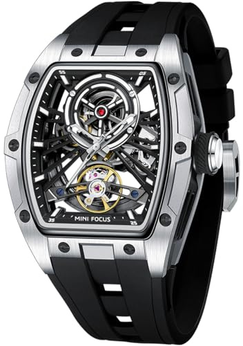 Alienwork MINI Focus automatisk klocka armbandsur män kvinnor skelett glasbotten, Silver-svart/svart vit/grå urverk/silikonband svart