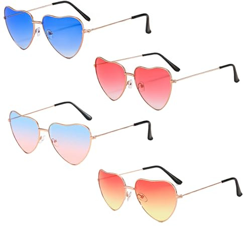 BOZILY 4PCS Herz Sonnenbrille Set, Herz Brille Hippie Brille Herzform Retro Partybrille für 70er 80er Kostümparty, Geburtstagsfeier, Foto-Shooting