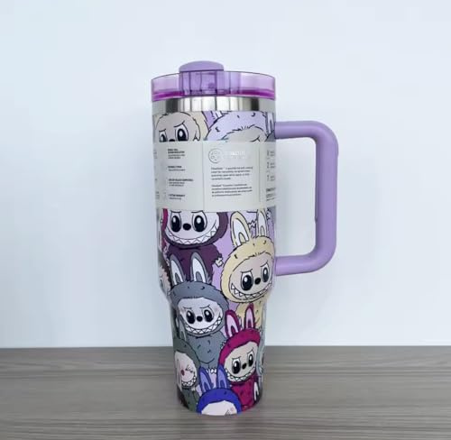 Stainless Steel Insulated Tumbler, 400ml, Cartoon Rabbit Monster Design, with Straw and Handle, Travel Cup (Pink Multi)