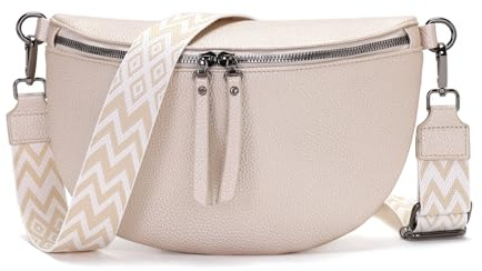 Vezluax 30x20cm umhängetasche Damen Bauchtasche Damen Groß Vegan Leder Crossbody Bag stylisch Gürteltasche Brusttasche Frauen mit breitem Gurt Beige-Silber