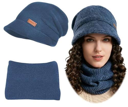 exatta Mütze Damen Wintermütze Strickmütze mit Schal Beanie Mütze Damen Warme Winter Herbst Schal und Mütze Set, Fleece Hüte für mit Krempe Baskenmütze für Outdoor