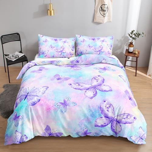 HOSIMA Bettwäscheset mit Schmetterlingen,135 x 200 cm,Lila -SchmetterlingsmusterBettwäsche-Set,1 Bettbezug,1 Kissenbezug,mit Reißverschluss,geeignet für Mädchen,Jugendliche und Erwachsene