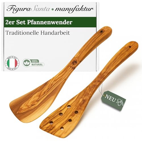 Figura Santa Pfannenwender aus Olivenholz Set, Küchenutensilien 2-teilig mit und ohne Löcher, Handgefertigt seit 1988 (30cm)